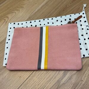 Clare V. Flat Clutch Pink Suede with Yellow Stripe